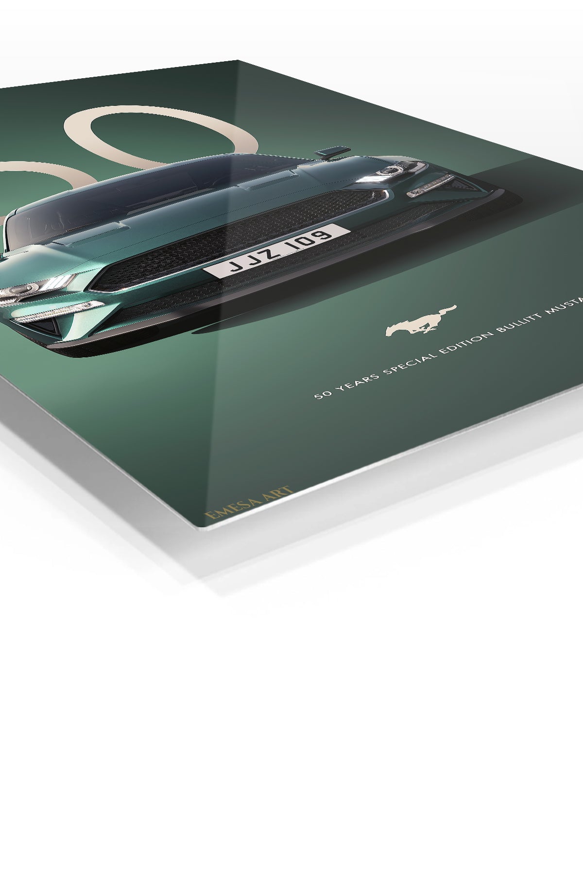 Green Ford Mustang front-view automotive wall art with number 50