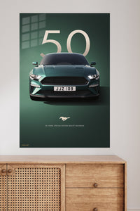 Green Ford Mustang front-view automotive wall art with number 50