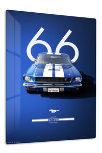 1966 blue Ford Mustang with white racing stripes wall art