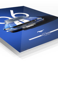 1966 blue Ford Mustang with white racing stripes wall art