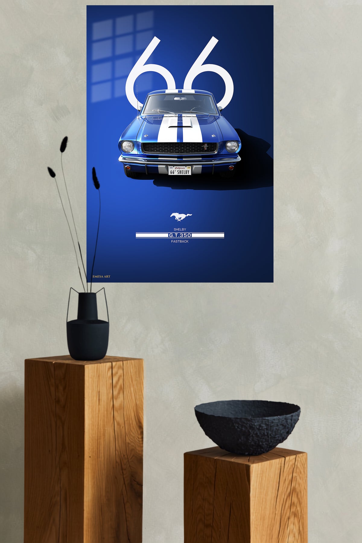 1966 blue Ford Mustang with white racing stripes wall art