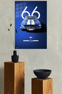 1966 blue Ford Mustang with white racing stripes wall art