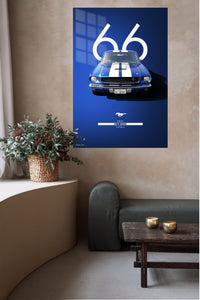1966 blue Ford Mustang with white racing stripes wall art