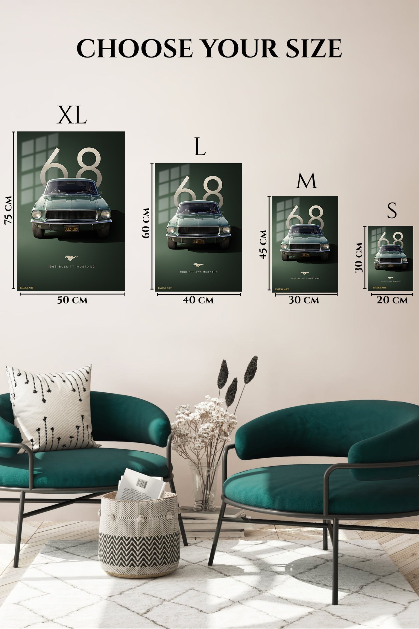 1968 green Ford Mustang classic automotive poster wall art