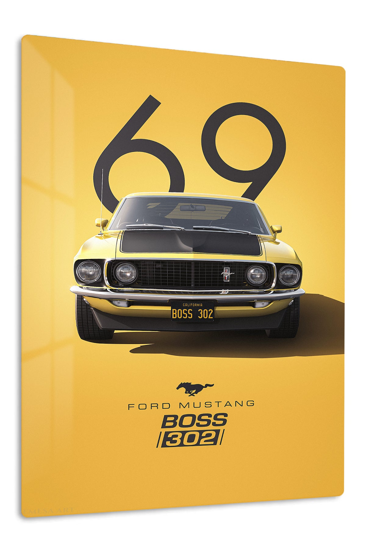 1969 yellow Ford Mustang Boss 302 front-view wall art