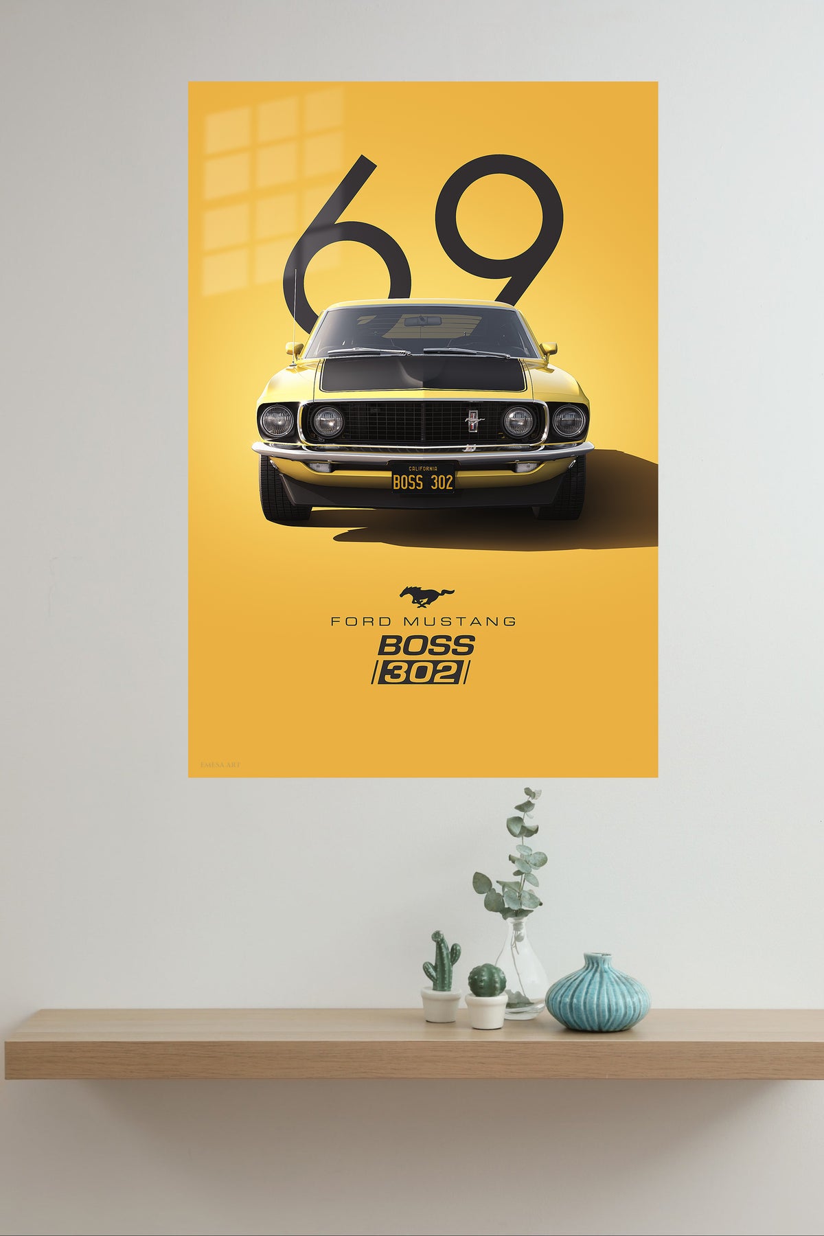 1969 yellow Ford Mustang Boss 302 front-view wall art