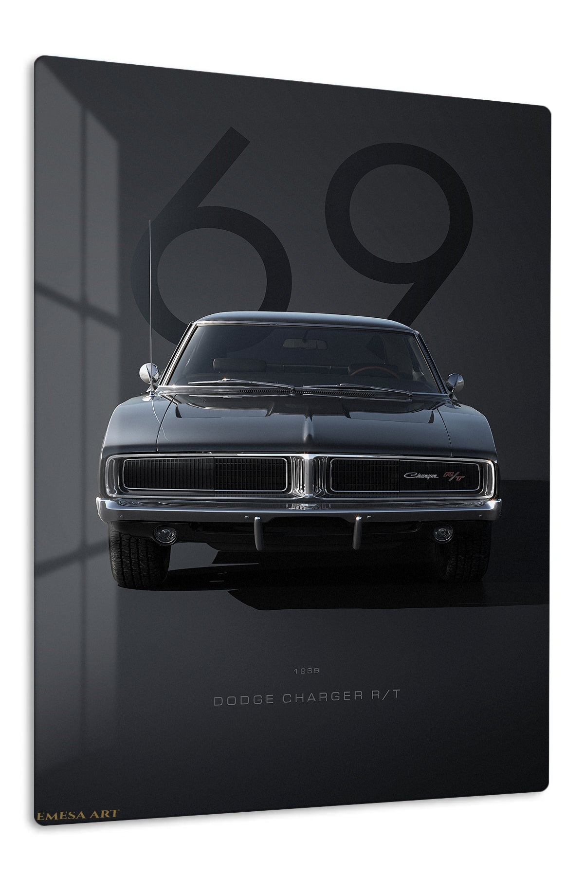 Black 1969 classic American muscle car front-view wall art