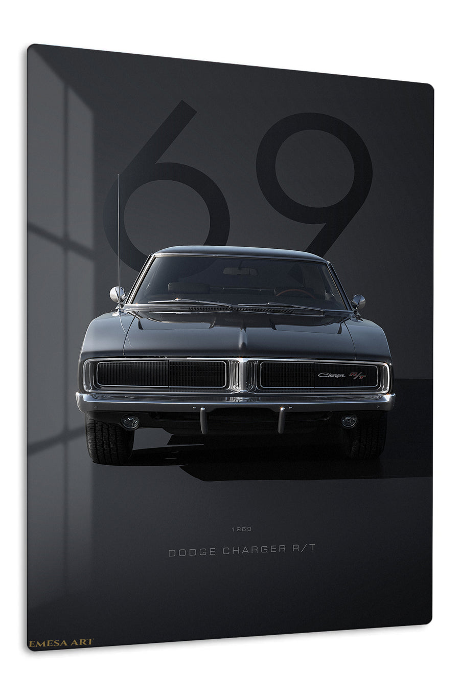 Black 1969 classic American muscle car front-view wall art