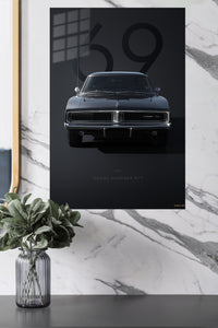 Black 1969 classic American muscle car front-view wall art