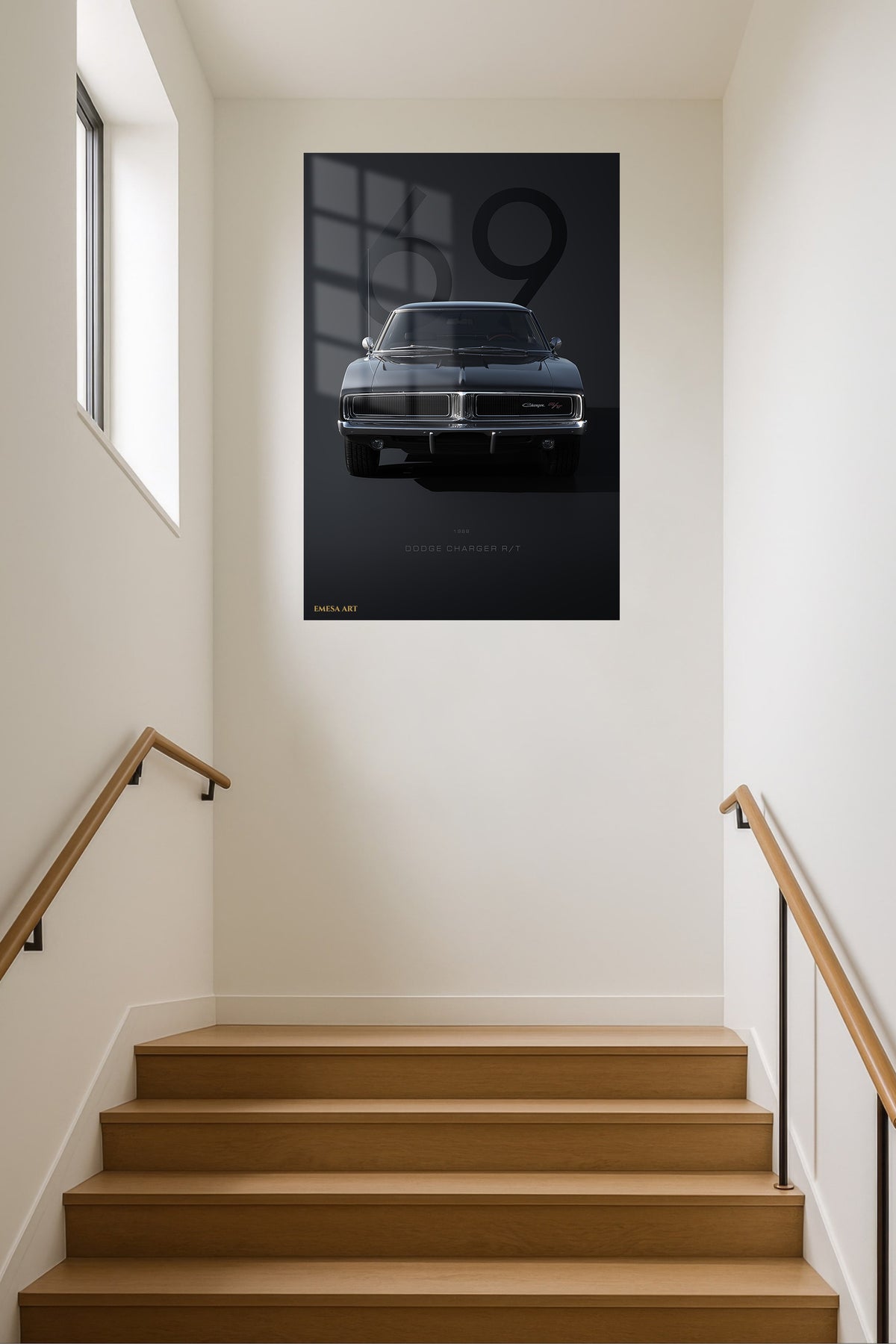 Black 1969 classic American muscle car front-view wall art