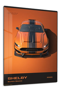 Orange Shelby Mustang with black racing stripes wall art