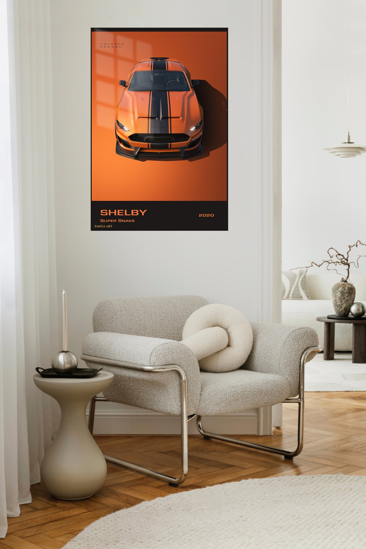 Orange Shelby Mustang with black racing stripes wall art