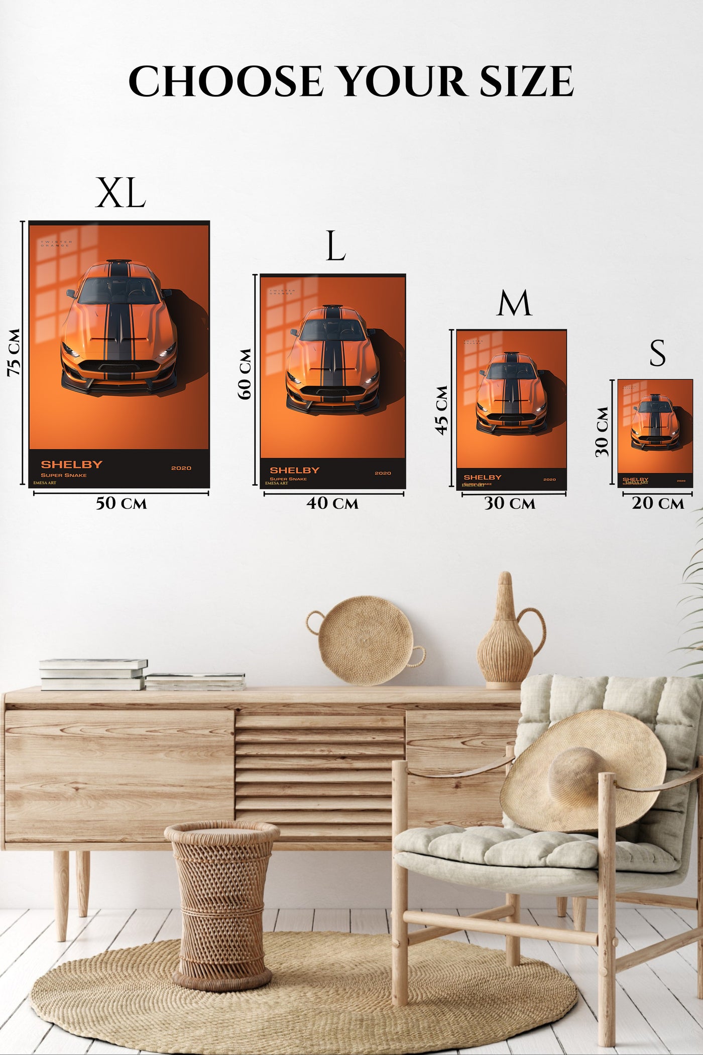 Orange Shelby Mustang with black racing stripes wall art