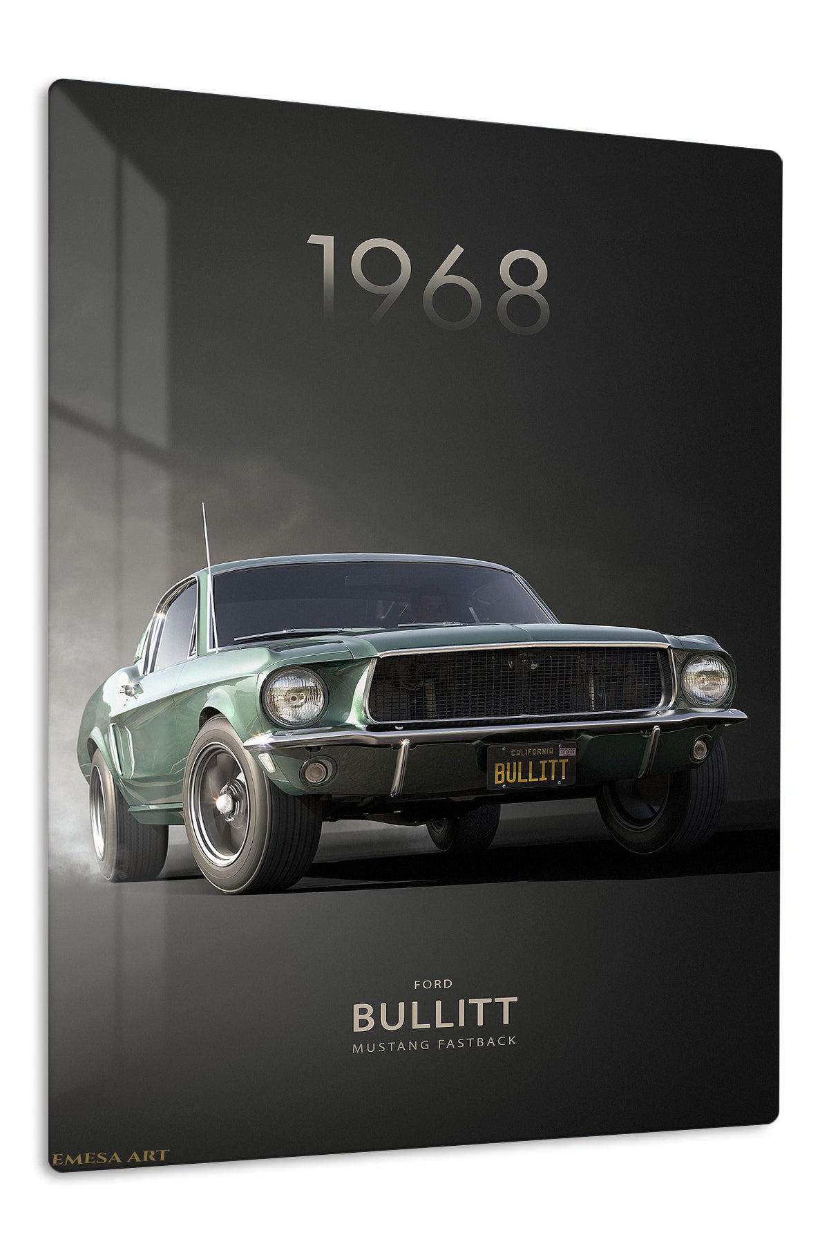 1968 green Ford Mustang Bullitt-style automotive wall art