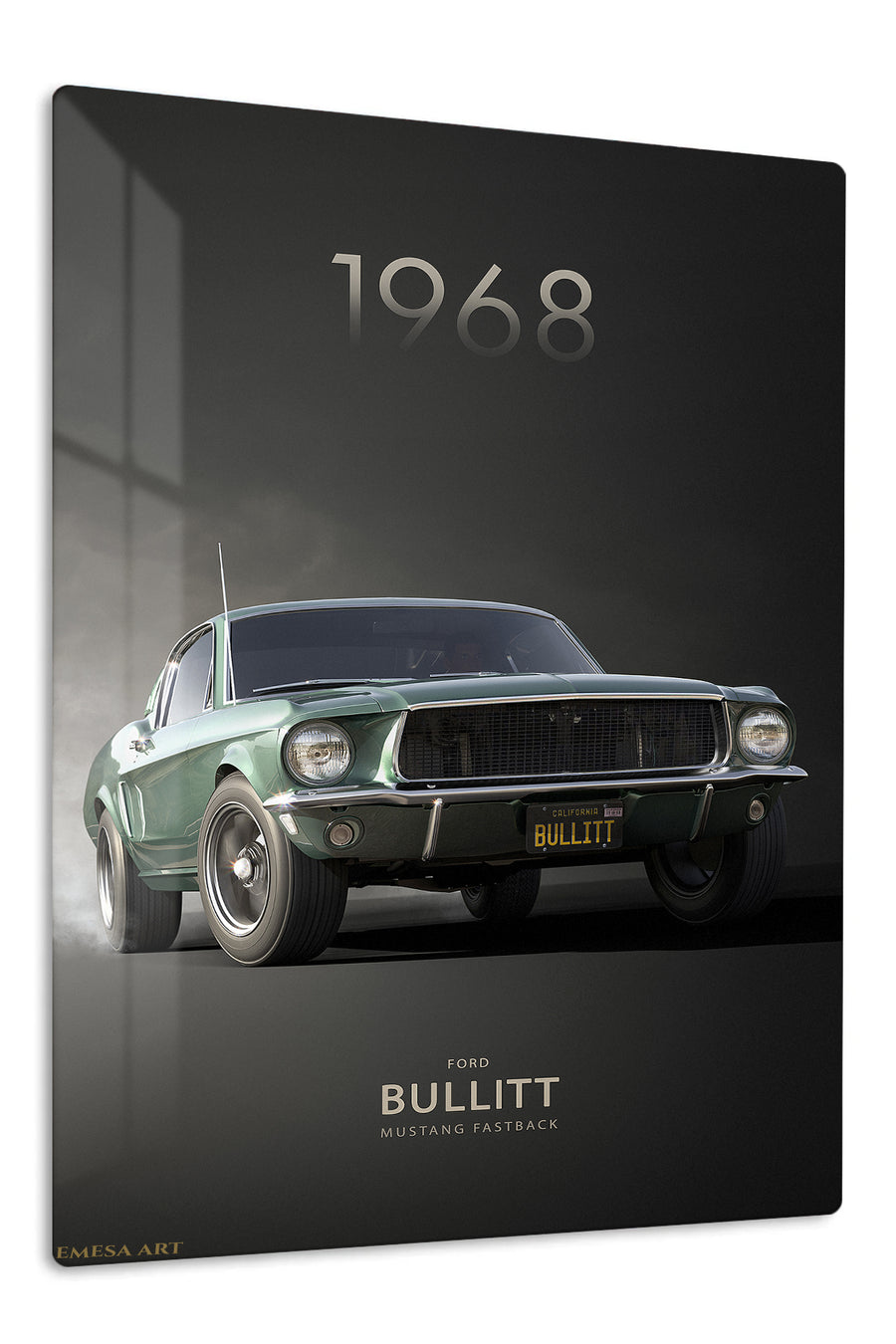 1968 green Ford Mustang Bullitt-style automotive wall art