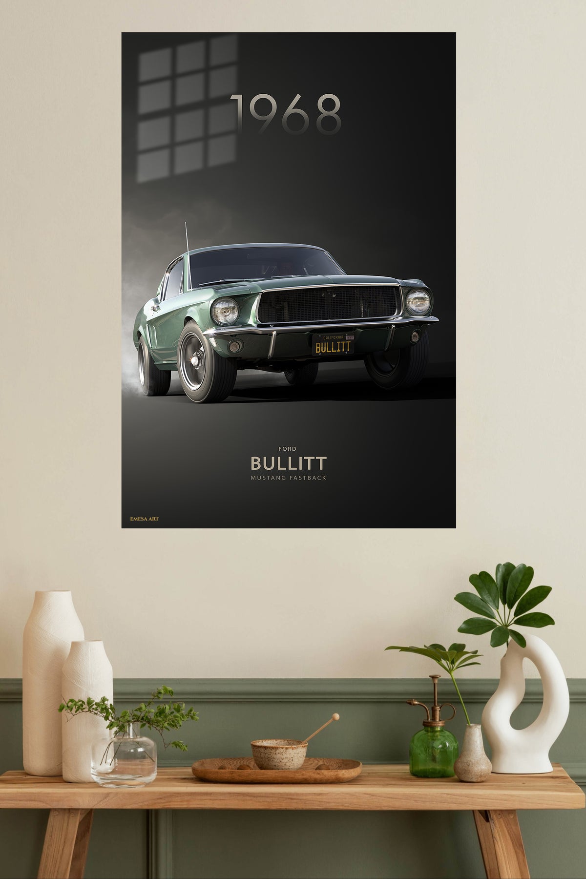 1968 green Ford Mustang Bullitt-style automotive wall art