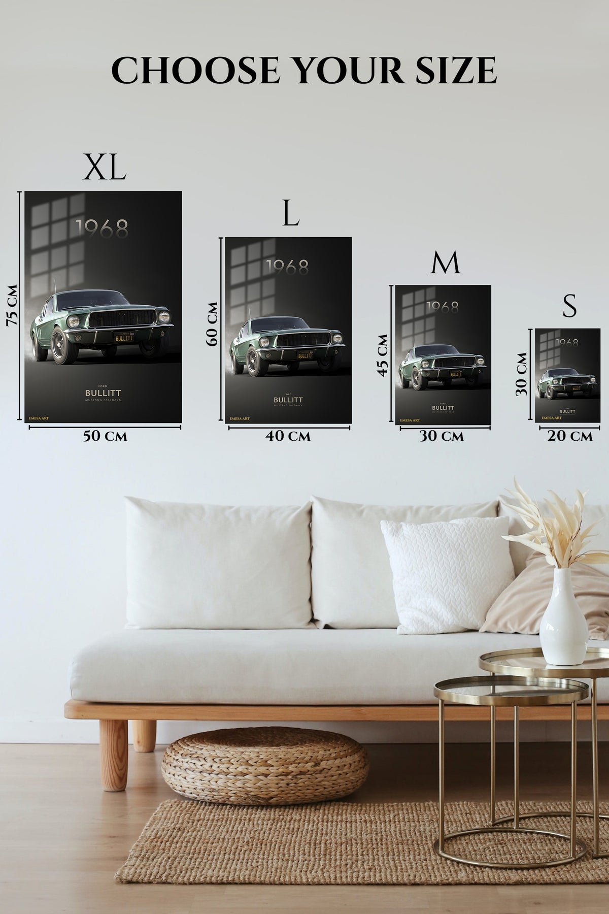 1968 green Ford Mustang Bullitt-style automotive wall art