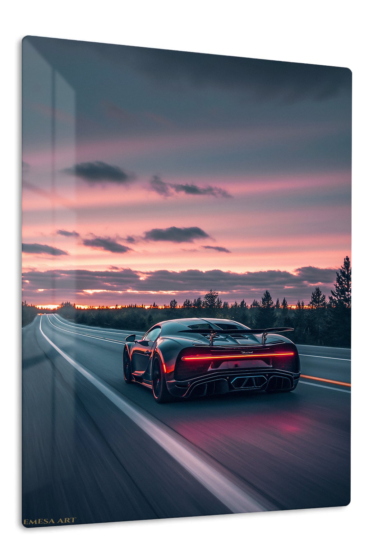 Black supercar driving on a road at sunset automotive wall art