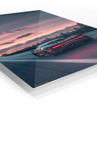 Black supercar driving on a road at sunset automotive wall art