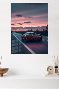 Black supercar driving on a road at sunset automotive wall art