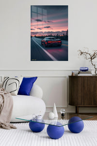 Black supercar driving on a road at sunset automotive wall art
