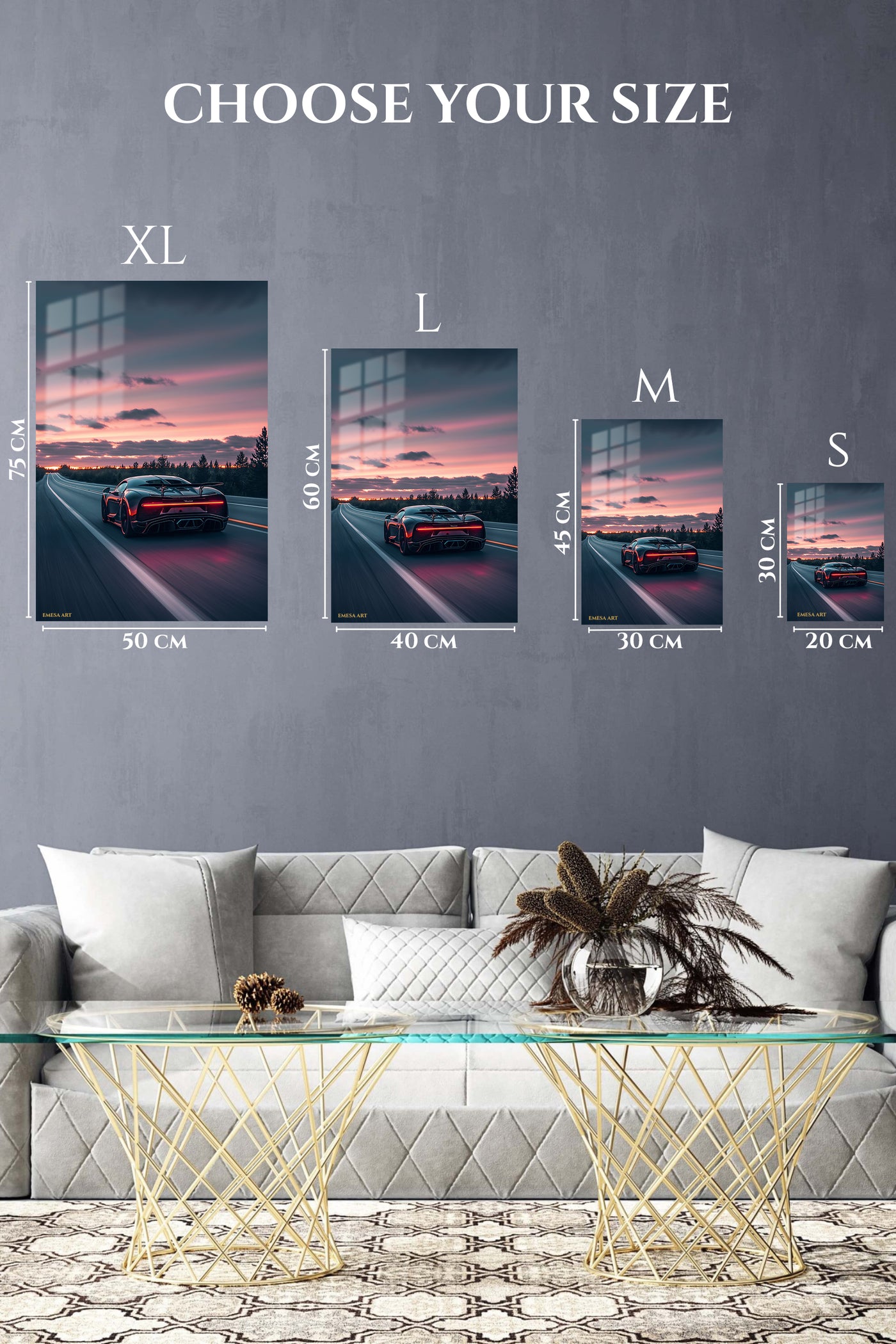 Black supercar driving on a road at sunset automotive wall art