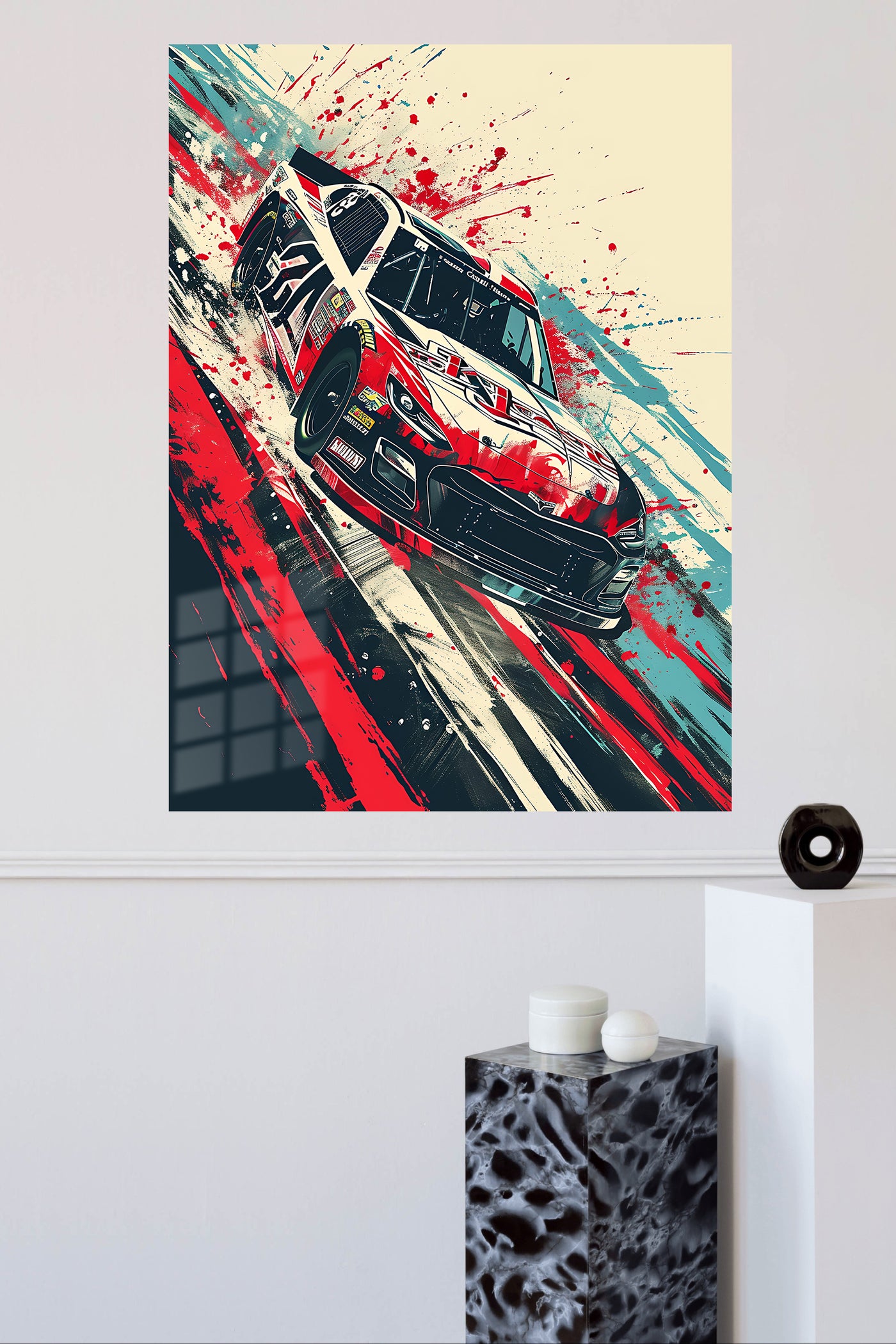 Abstract red classic muscle car paint-splash wall art
