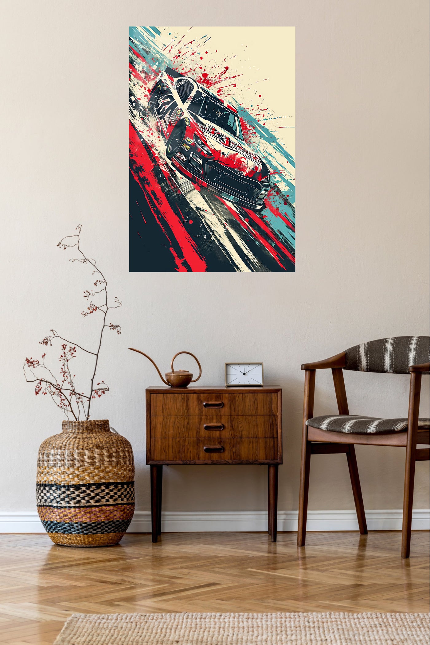 Abstract red classic muscle car paint-splash wall art