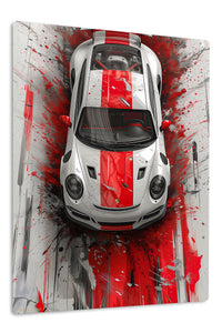 White sports car with red center stripe top-view wall art