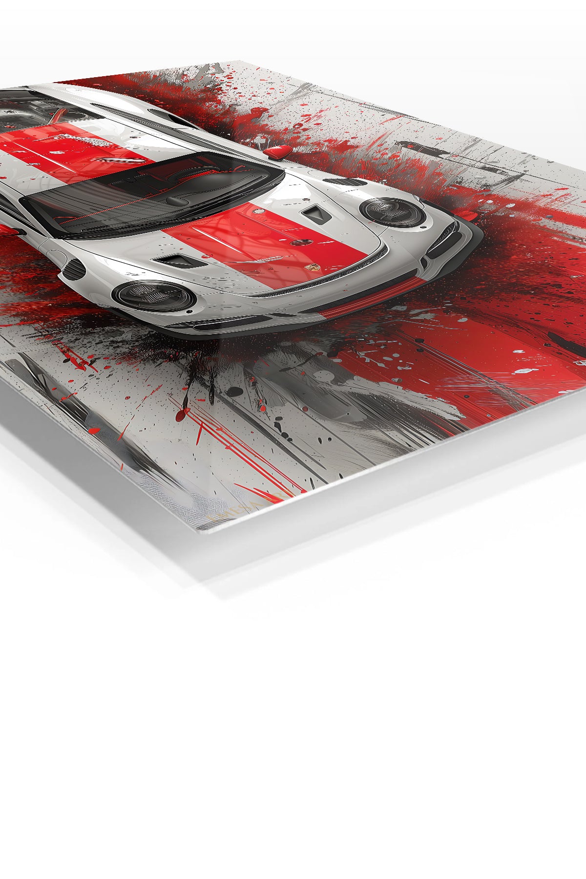 White sports car with red center stripe top-view wall art