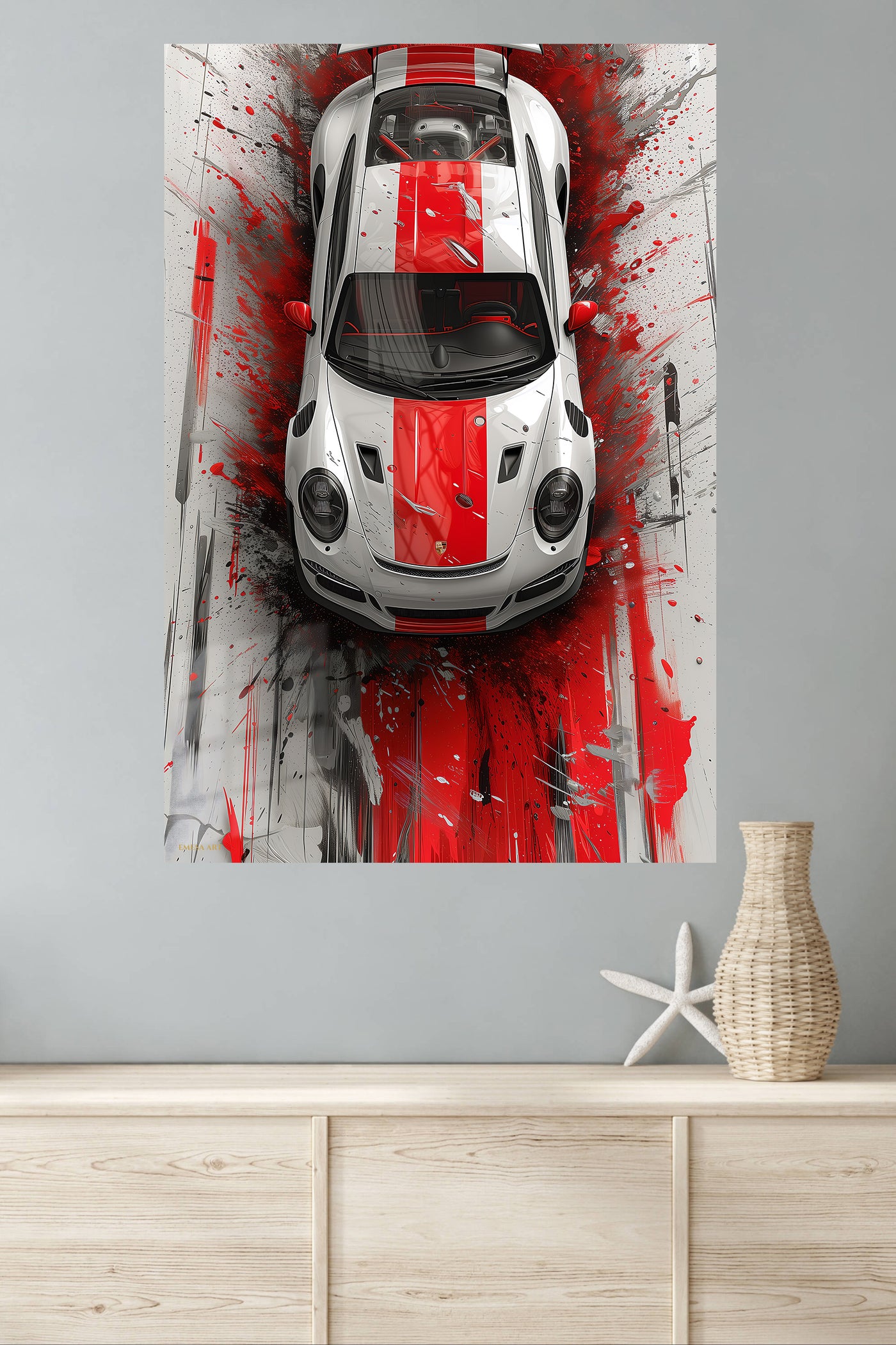 White sports car with red center stripe top-view wall art
