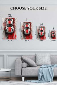 White sports car with red center stripe top-view wall art
