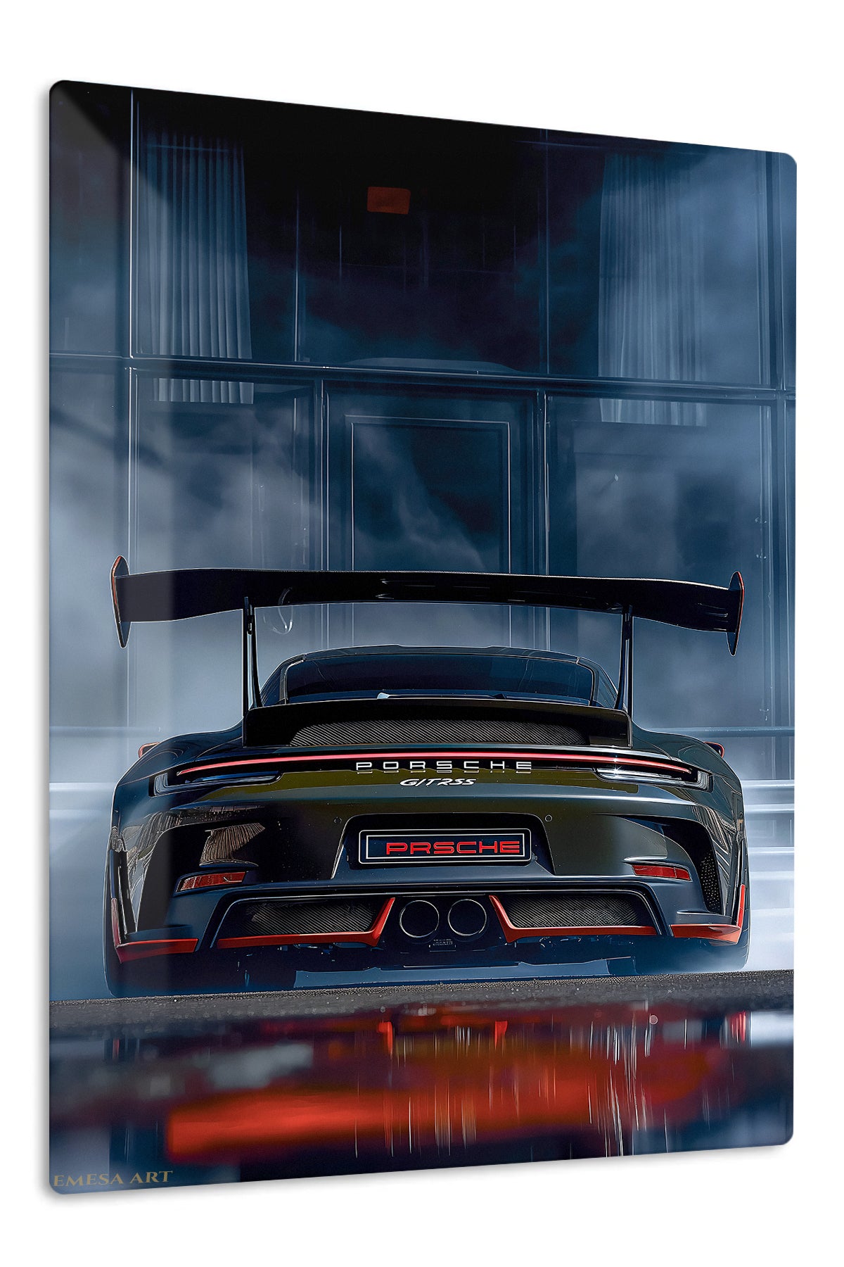 Black track-focused supercar rear view with large wing wall art
