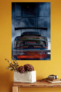 Black track-focused supercar rear view with large wing wall art