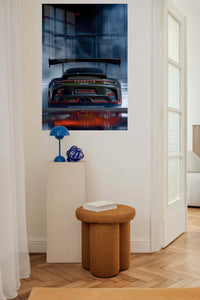 Black track-focused supercar rear view with large wing wall art