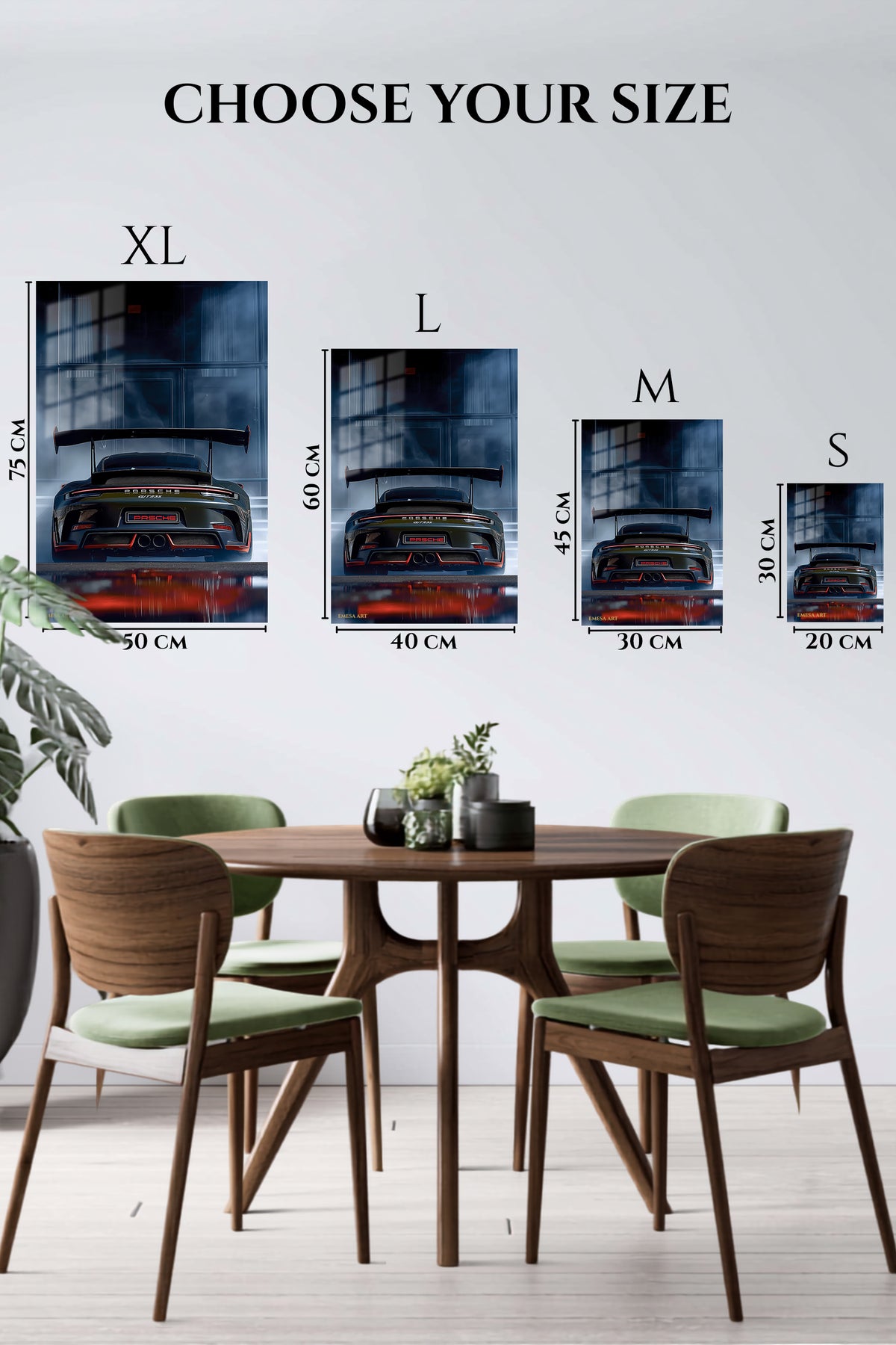 Black track-focused supercar rear view with large wing wall art