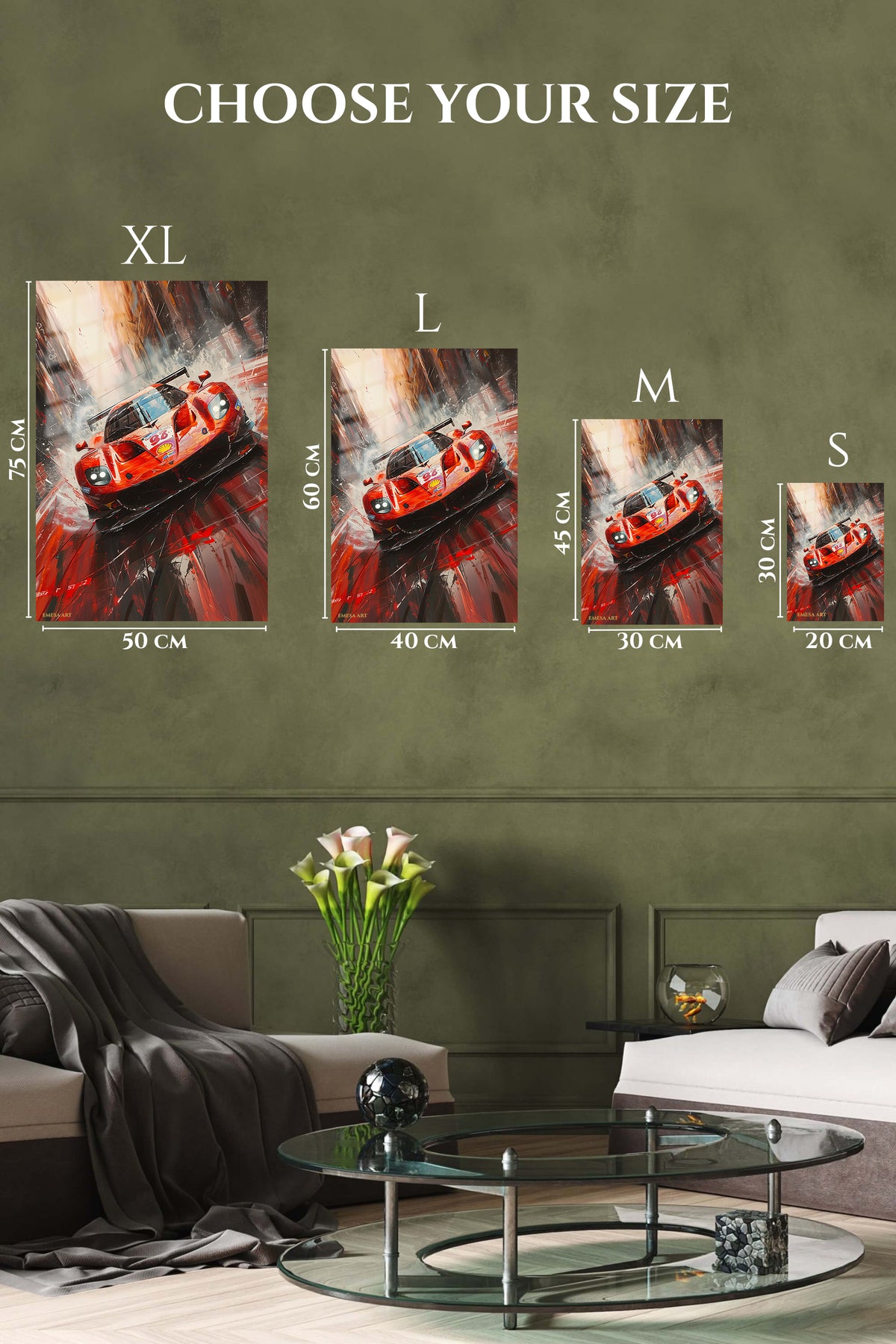 Red and orange classic racing car abstract wall art