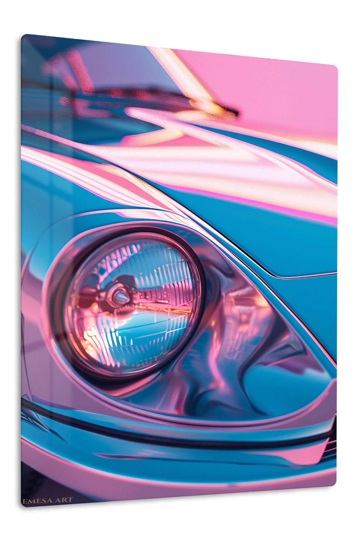 Neon blue and pink classic sports car headlight close-up wall art