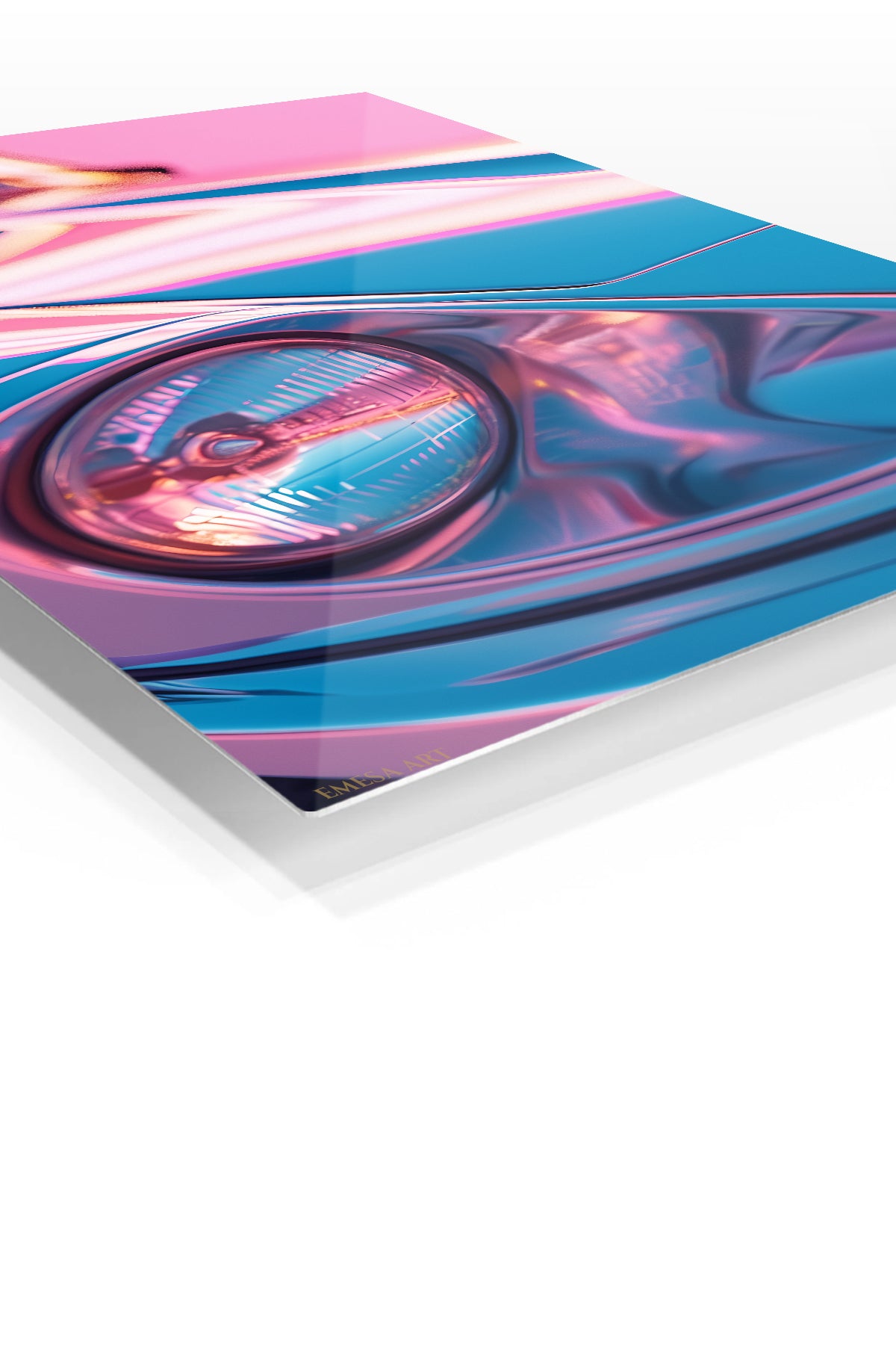 Neon blue and pink classic sports car headlight close-up wall art
