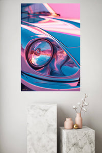 Neon blue and pink classic sports car headlight close-up wall art