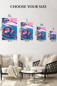 Neon blue and pink classic sports car headlight close-up wall art