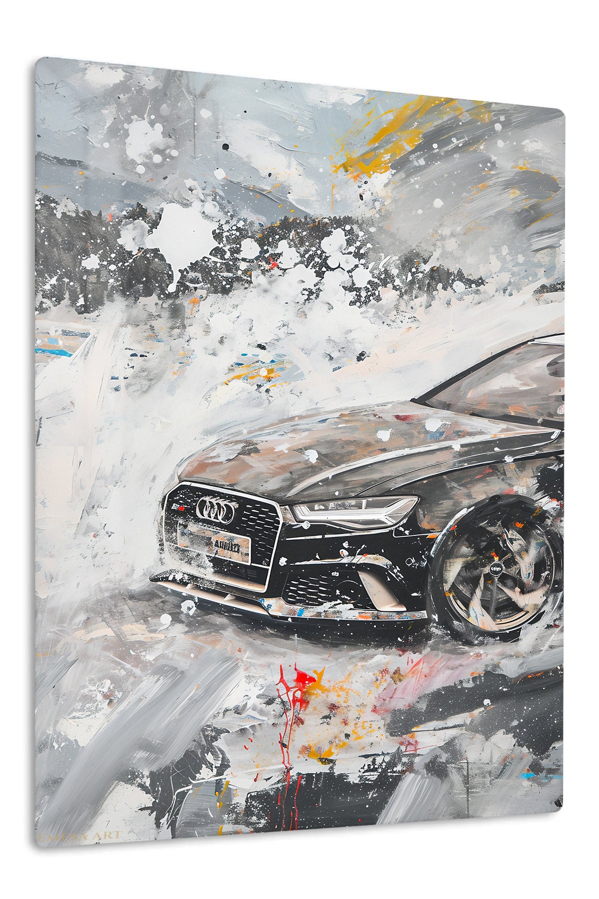 Black sports car emerging through white and gray abstract paint wall art