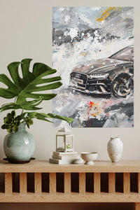 Black sports car emerging through white and gray abstract paint wall art