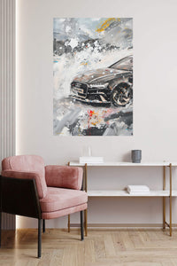 Black sports car emerging through white and gray abstract paint wall art