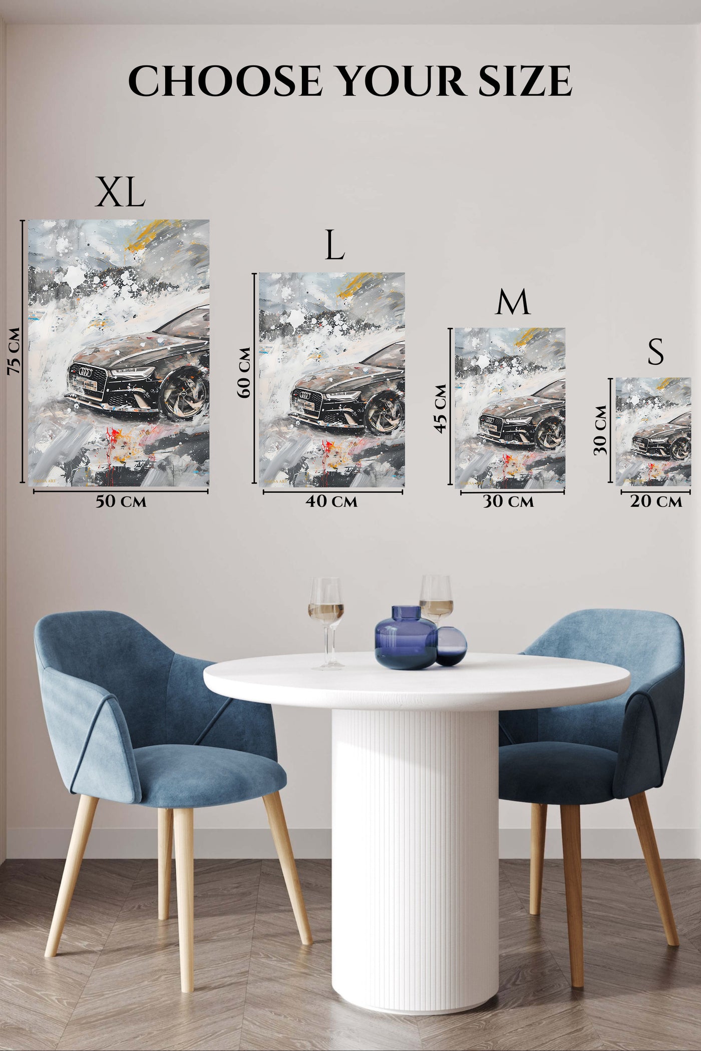 Black sports car emerging through white and gray abstract paint wall art