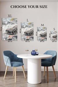 Black sports car emerging through white and gray abstract paint wall art
