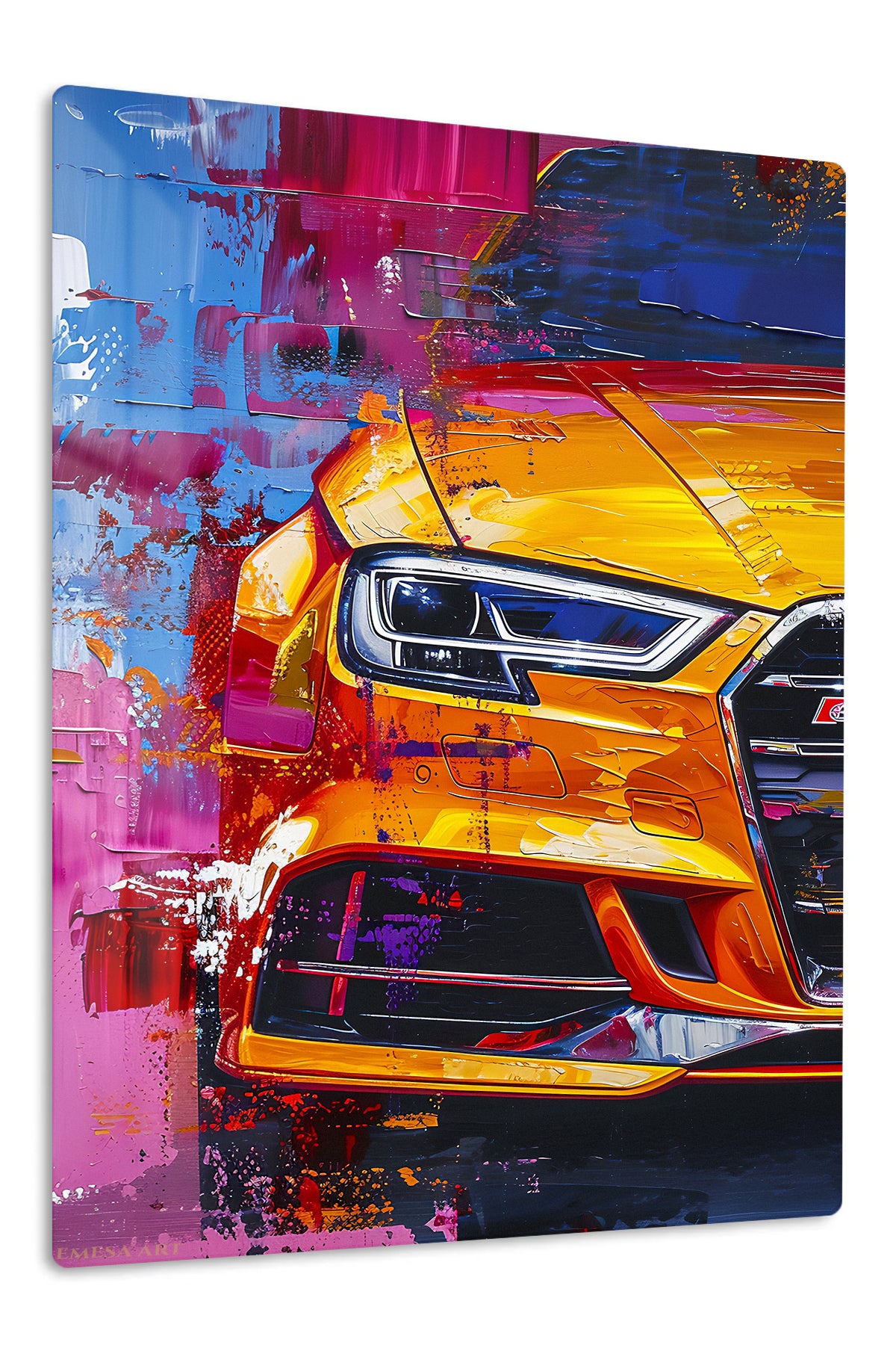 Orange Ford Mustang front close-up abstract automotive wall art