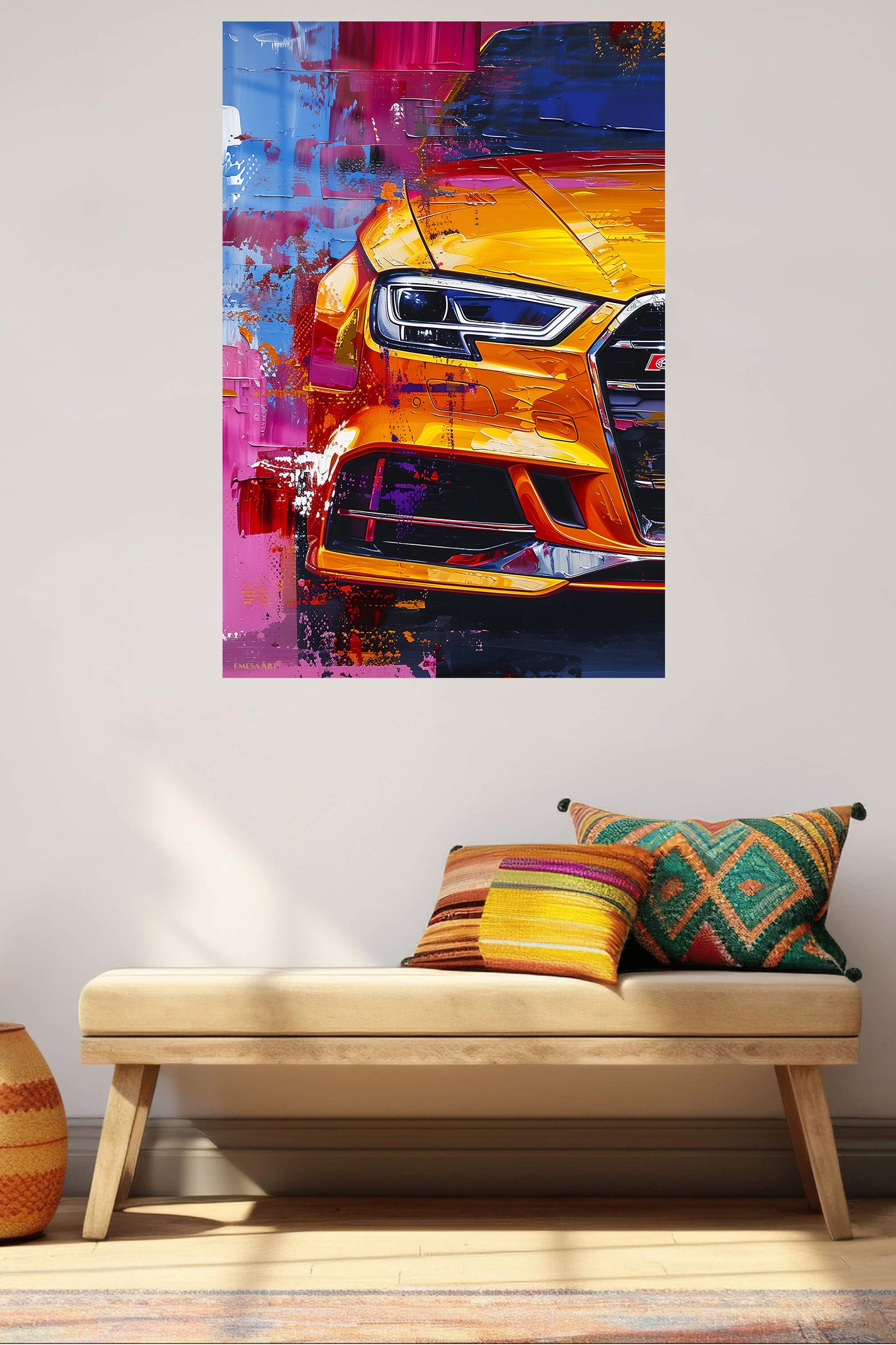 Orange Ford Mustang front close-up abstract automotive wall art