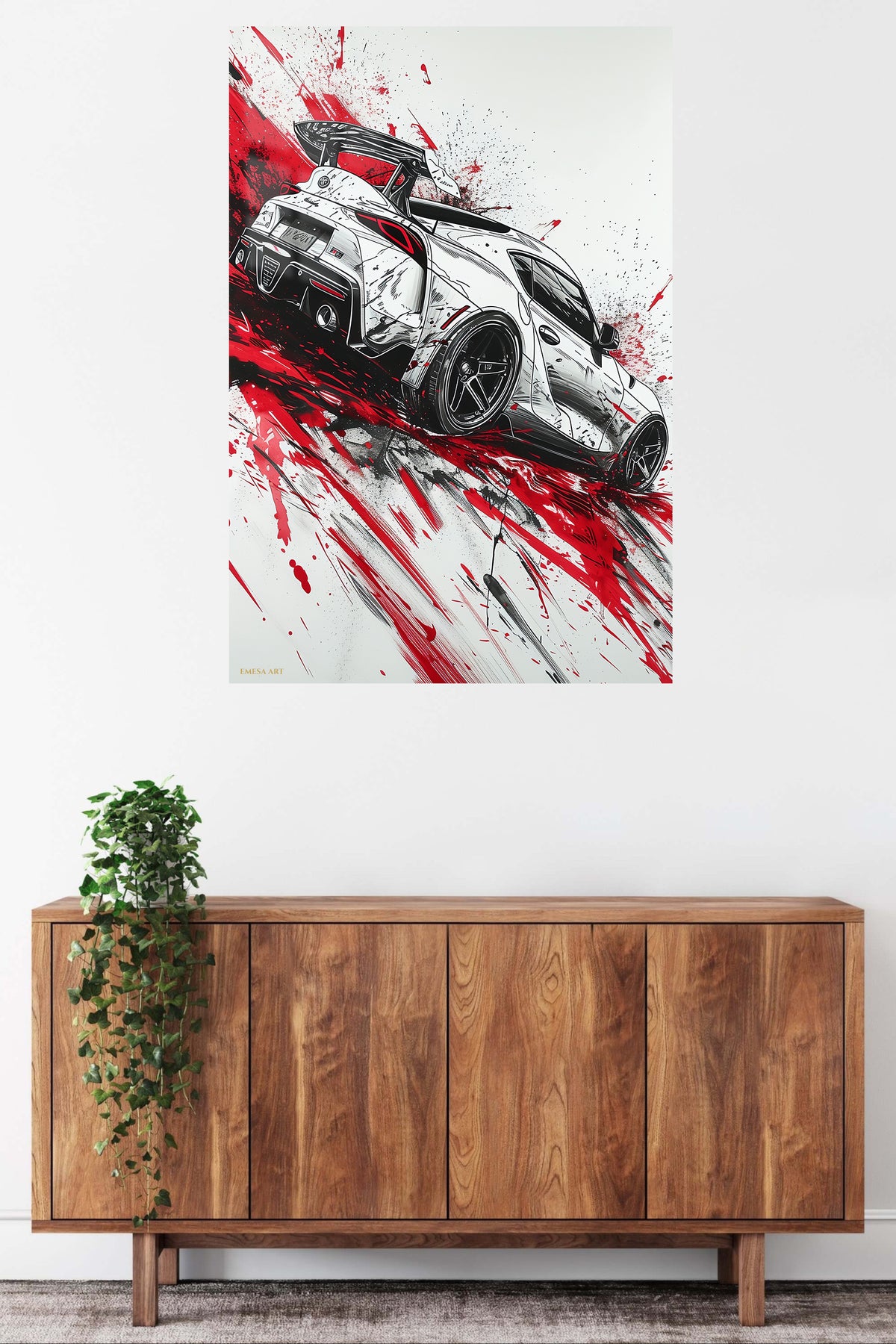 White Sports Car Red Splash wall art