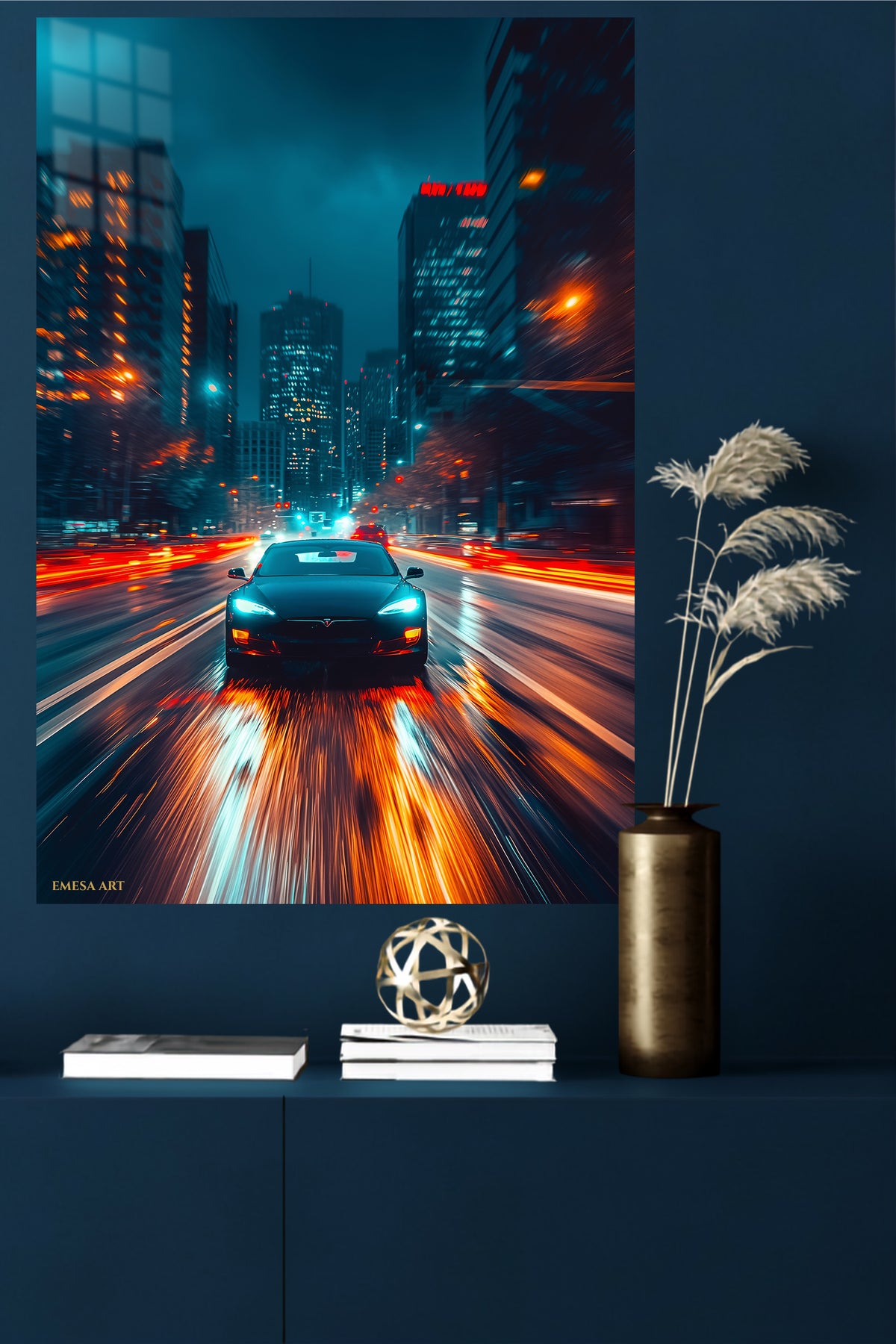 Blue Sports Car Night Drive wall art